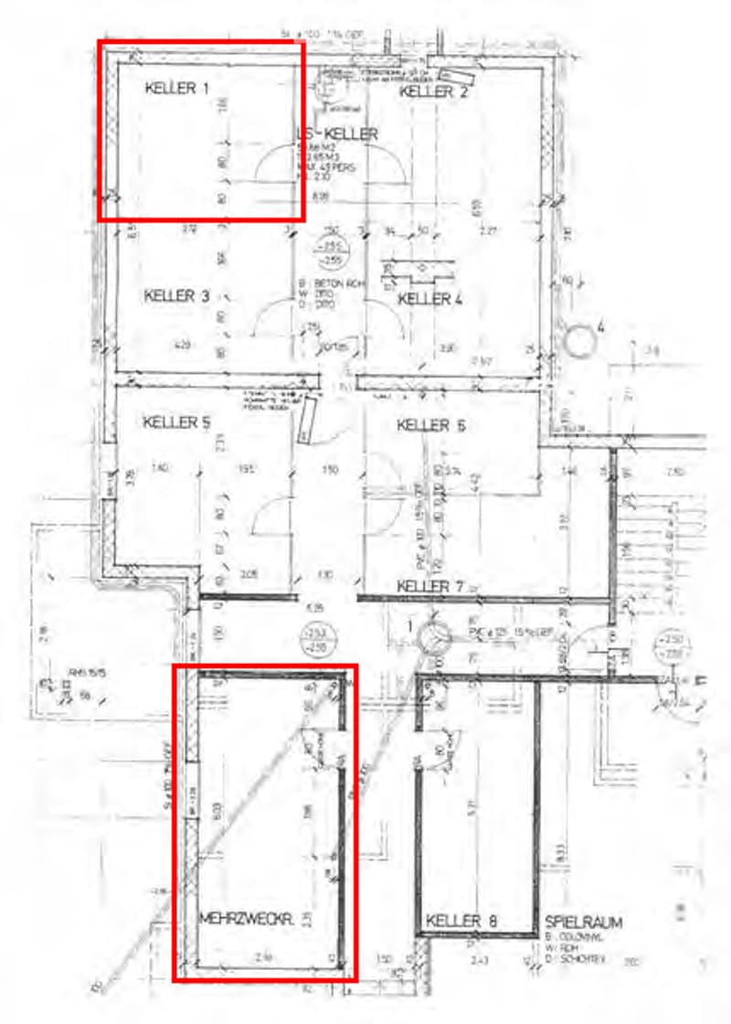 Floor plan showing multiple labeled rooms including KELLER 1, KELLER 2, KELLER 3, KELLER 4, KELLER 5, KELLER 6, KELLER 7, KELLER 8, MEHRZWECKRAUM, and SPIELRAUM. Dimensions and room numbers are indicated.