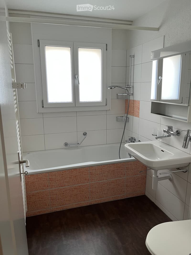 Modern bathroom with white tiles, a bathtub, a sink, a mirror, and a toilet. Features include a window with frosted glass, a handheld showerhead, and a built-in shelf above the sink.
