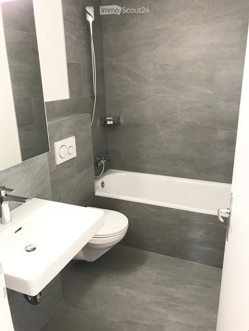 Modern bathroom with grey tiled walls and floor, white sink, toilet, and bathtub, featuring a handheld showerhead and a large mirror.