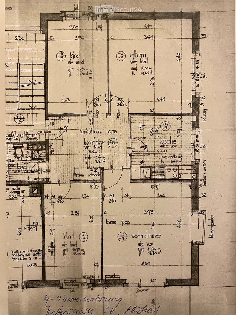 Floor plan of a 4-room apartment with labeled rooms including living room, kitchen, bedrooms, hallway, and bathroom.