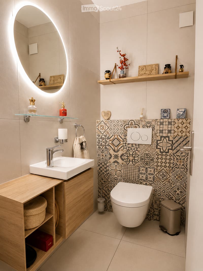 Modern bathroom with a white sink, chrome faucet, wooden cabinet, and a toilet. Features a decorative tiled backsplash, a round mirror with built-in lighting, and a floating shelf with decorative items.