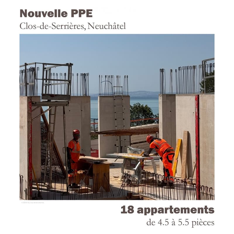 Construction site with workers in safety gear, rebar framework, concrete pillars, and temporary work tables.
