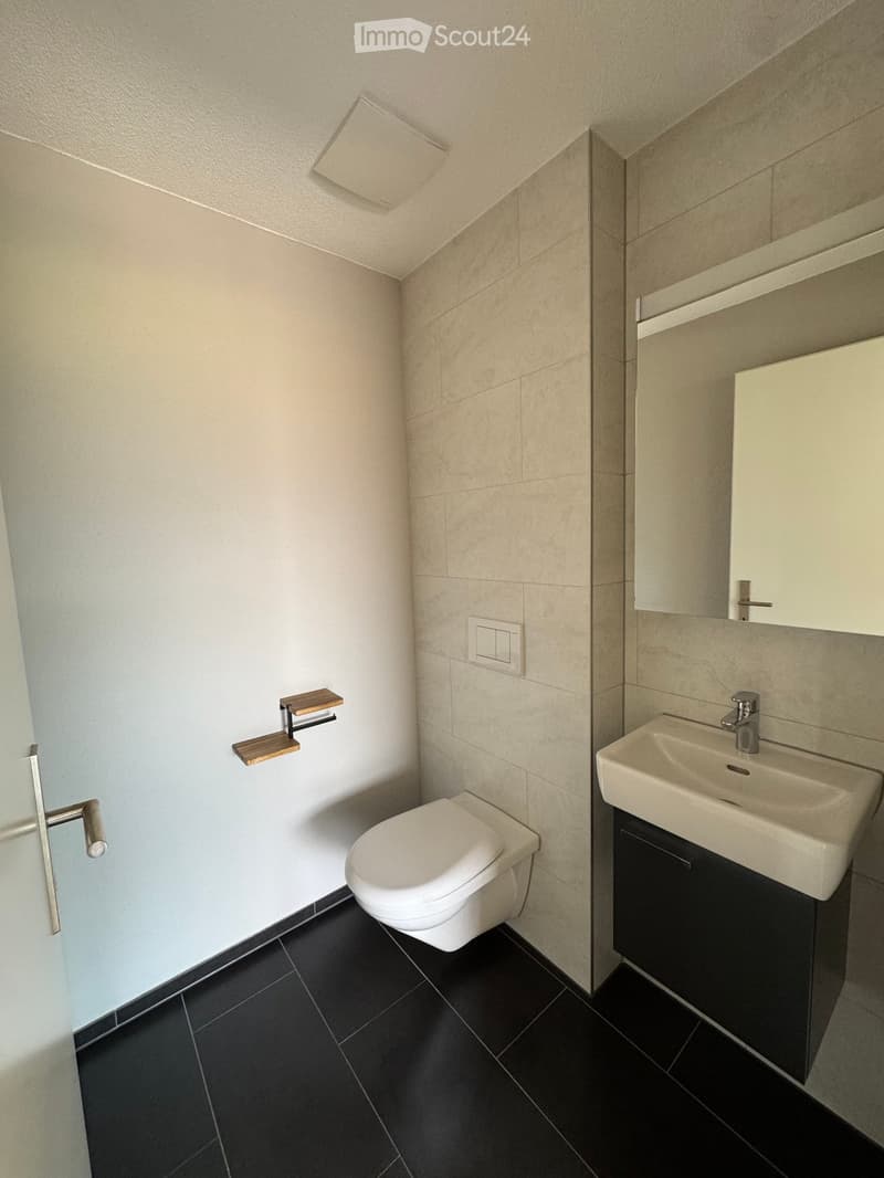 Modern bathroom with a toilet, sink, and cabinet. Features black tiled flooring and light-colored walls.