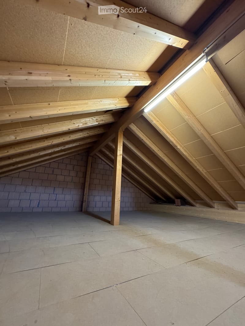 Empty attic space with exposed wooden beams, concrete floor, and brick wall in the background.