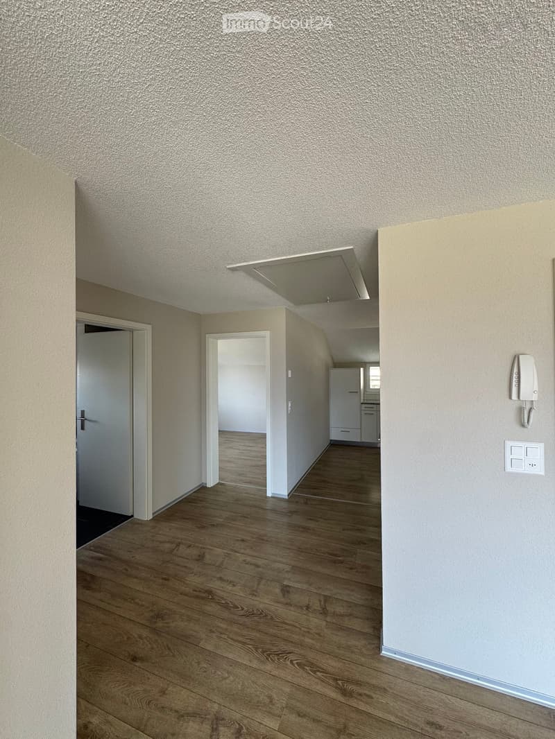Empty hallway with wooden flooring, white walls, and several doors leading to other rooms.