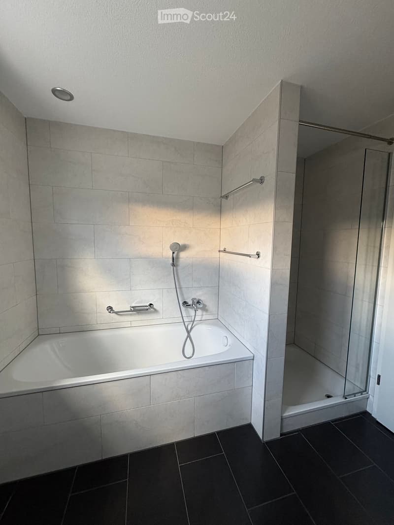 Modern bathroom with a bathtub, glass-enclosed shower, and handrails for safety. The walls are tiled in light grey, and the floor is dark grey tiles.