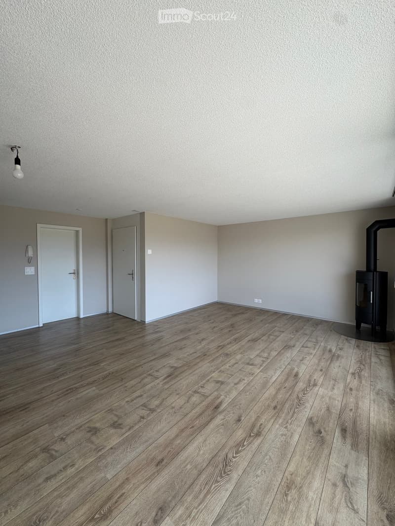 Empty room with wooden flooring, white walls, two doors, and a small black wood-burning stove in the corner.