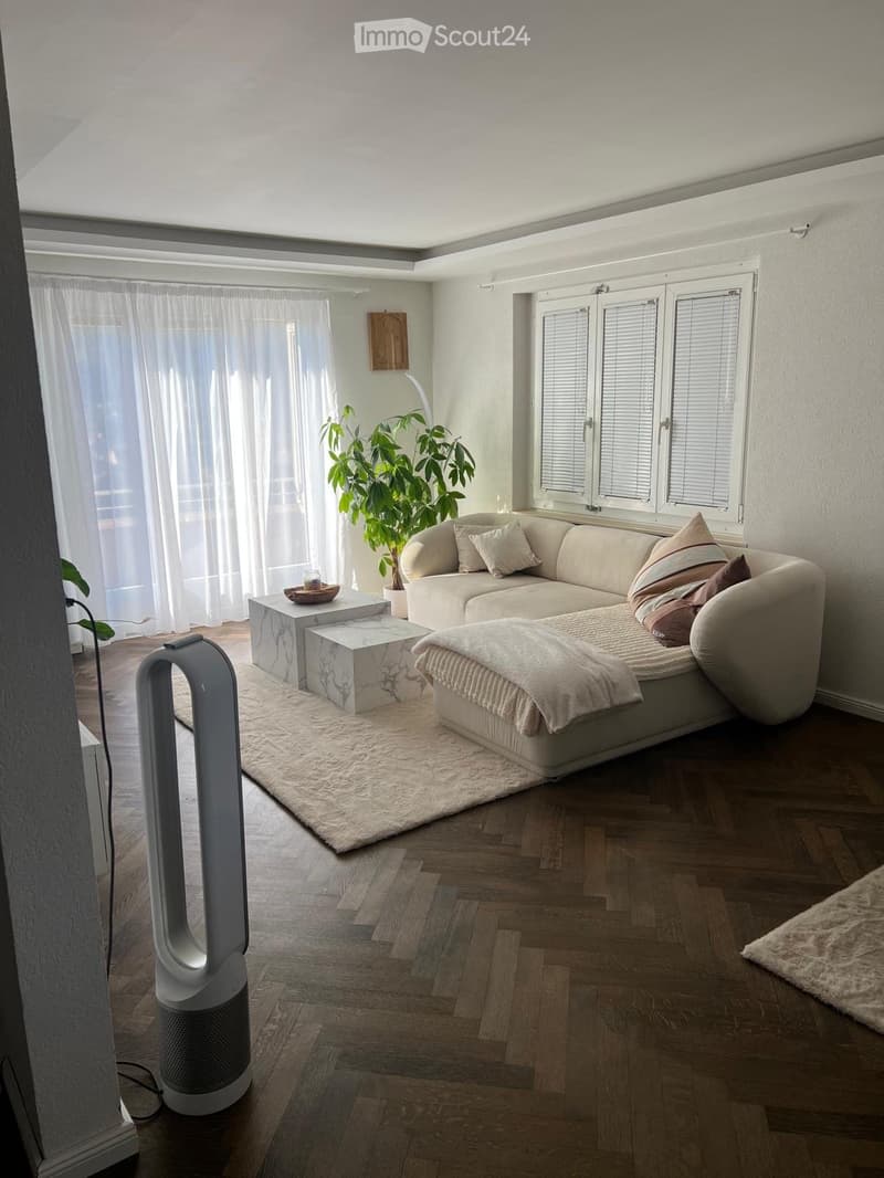 Modern living room with a large sectional sofa, coffee table, ottoman, and a potted plant near the window. The room features wooden flooring and large windows with blinds.