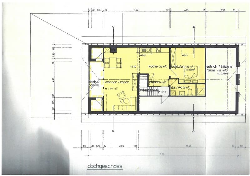 Floor plan of a top-floor apartment showing a living/dining area, kitchen, bedroom, hallway, and bathroom.