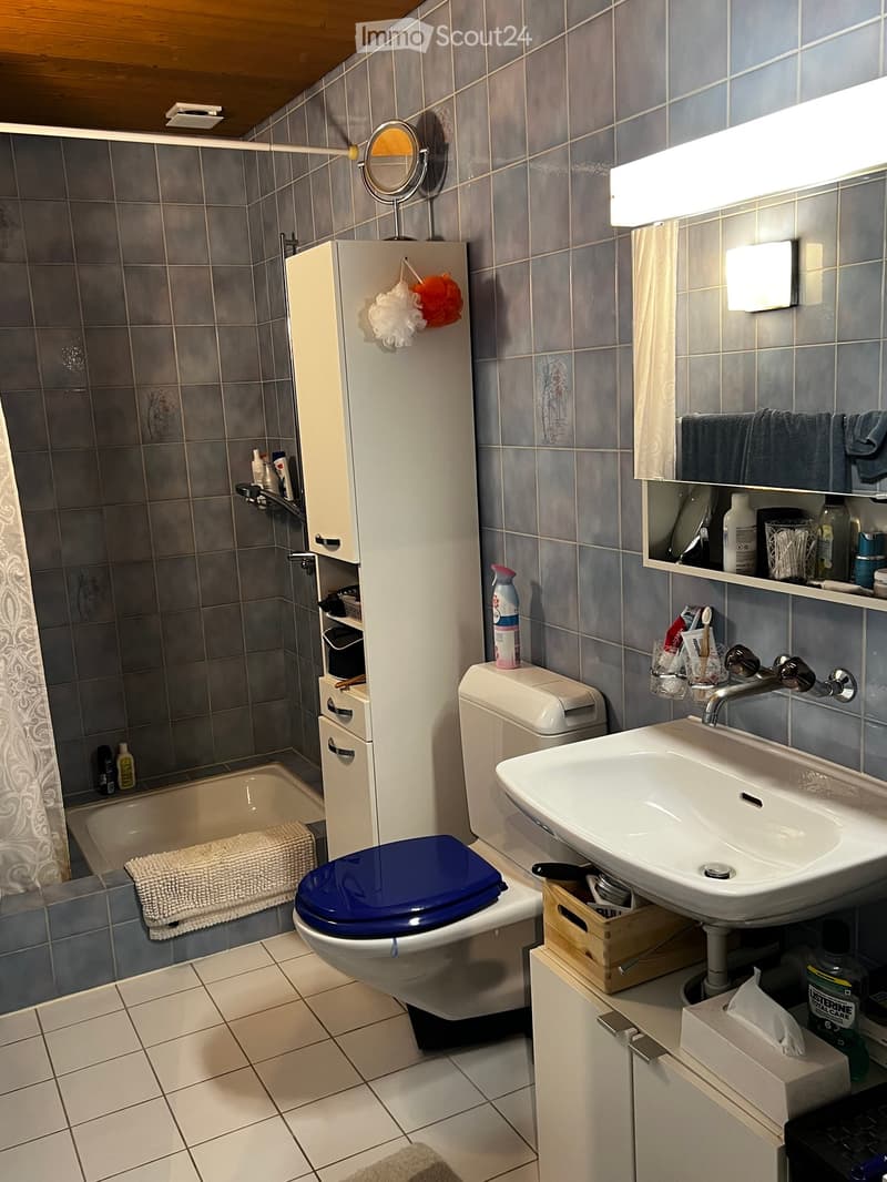 Bathroom with a toilet, sink, bathtub, mirror, and cabinet. The walls are tiled in gray, and there are various toiletries and towels visible.