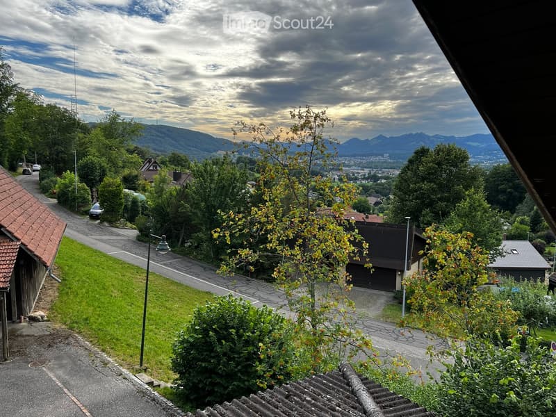 View from a rooftop showing a suburban neighborhood with houses, trees, a driveway, and distant mountains under a partly cloudy sky.