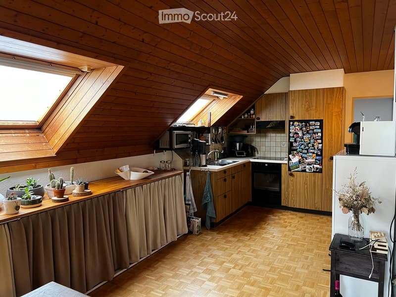 Cozy kitchen with wooden cabinets, a refrigerator, microwave, coffee maker, and various kitchen appliances. The space features a wooden countertop with potted plants and a vase with dried flowers on a small table.