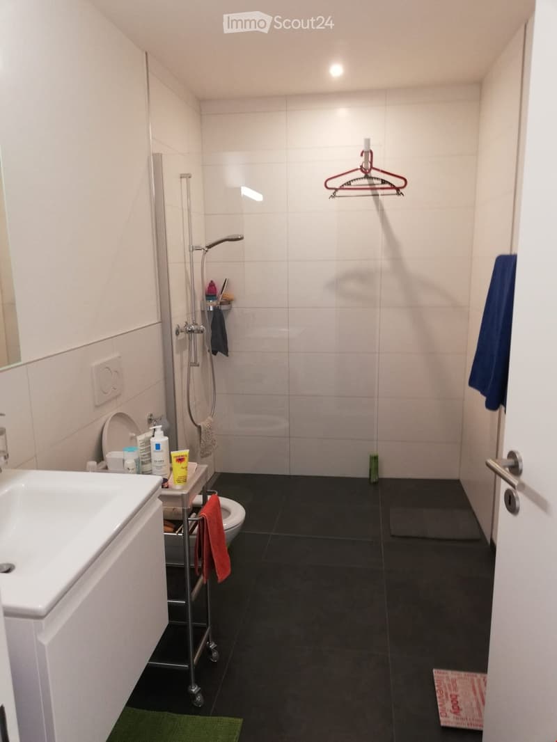 White tiled walls, black tiled floor, white sink, glass shower enclosure, towel rack