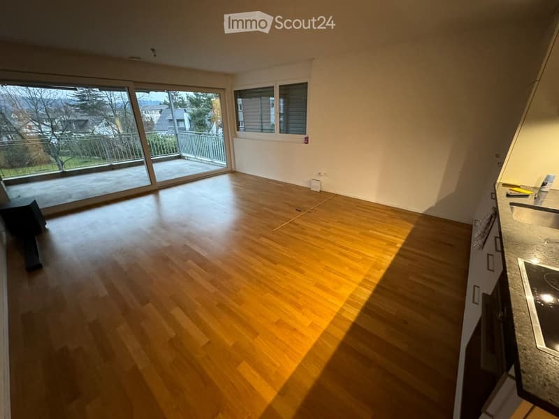 large wooden floor, sliding glass doors leading to balcony, modern design, bright light, minimalistic decor