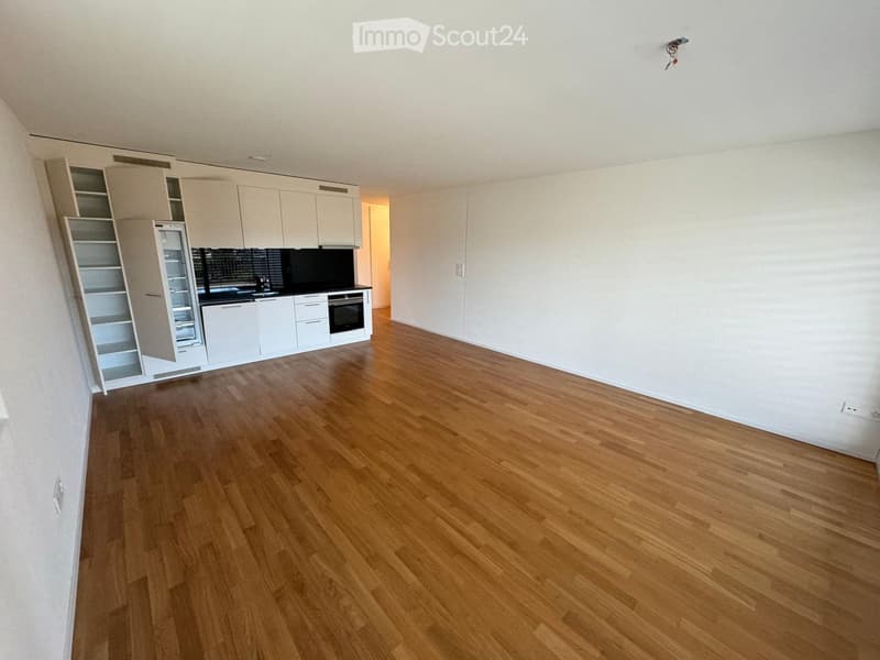 wooden floor, white walls, kitchen with oven and dishwasher, pantry