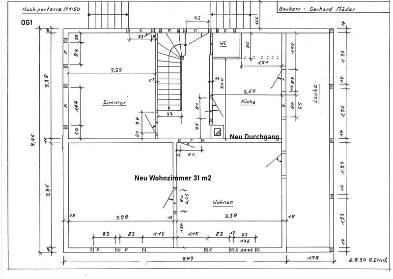 Floor plan of a residential space labeled OG1, showing a new living room (31 m2), kitchen, bathroom, and hallway with dimensions and measurements.