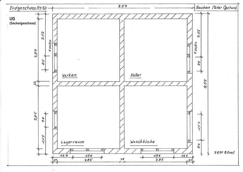 Floor plan of the basement level showing four rooms: Werkern, Keller, Lagerraum, and Waschküche, with labeled dimensions and wall outlines.