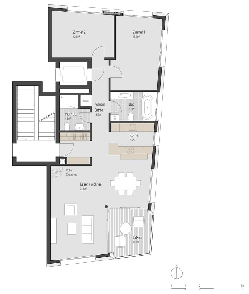 Floor plan of a 2-room apartment with a living/dining area, kitchen, bathroom, two bedrooms, hallway, and balcony.