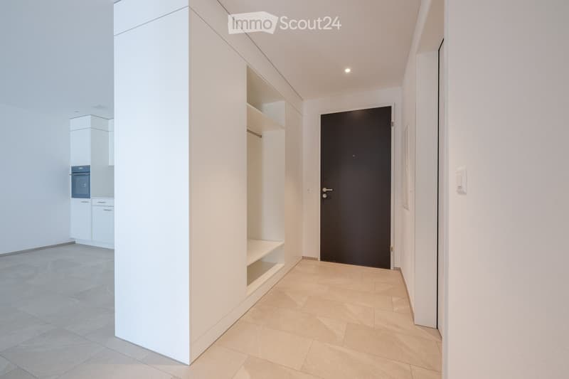 Modern, minimalist hallway with white walls, tiled floor, built-in shelving unit, and a closed door leading to another room.