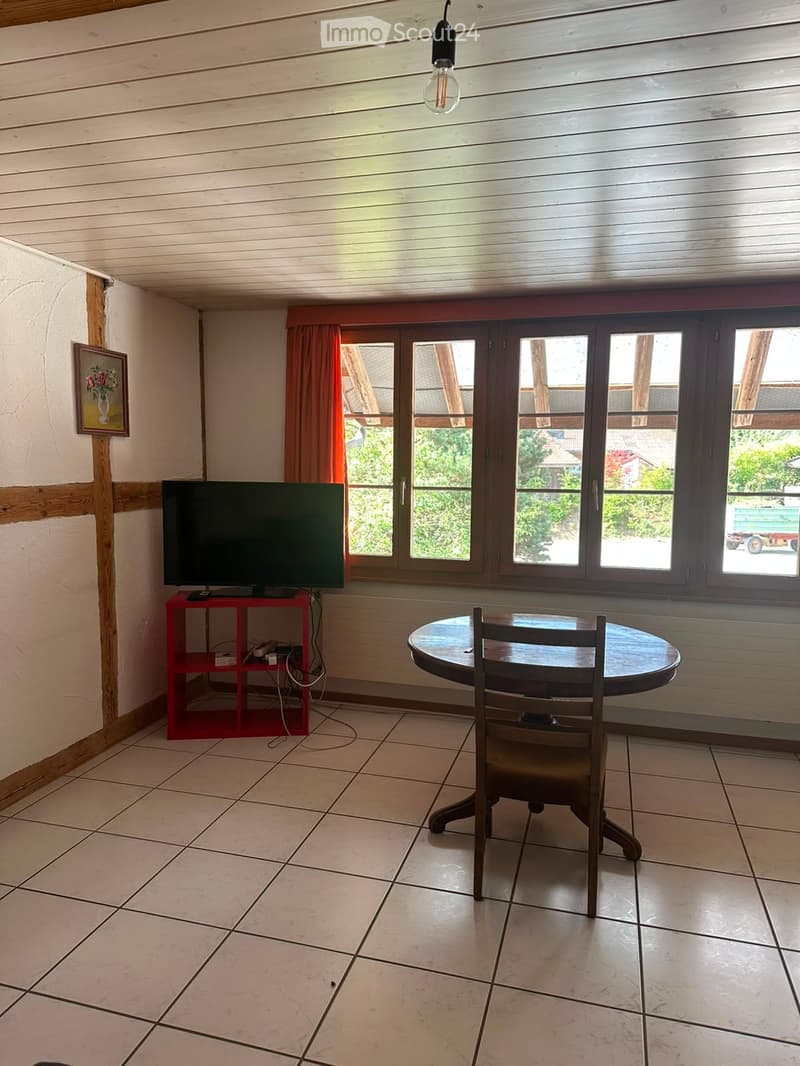 A furnished room with a round wooden table, a single chair, a television on a red shelf, and a framed picture on the wall. The room has large windows with curtains and a slanted wooden ceiling.