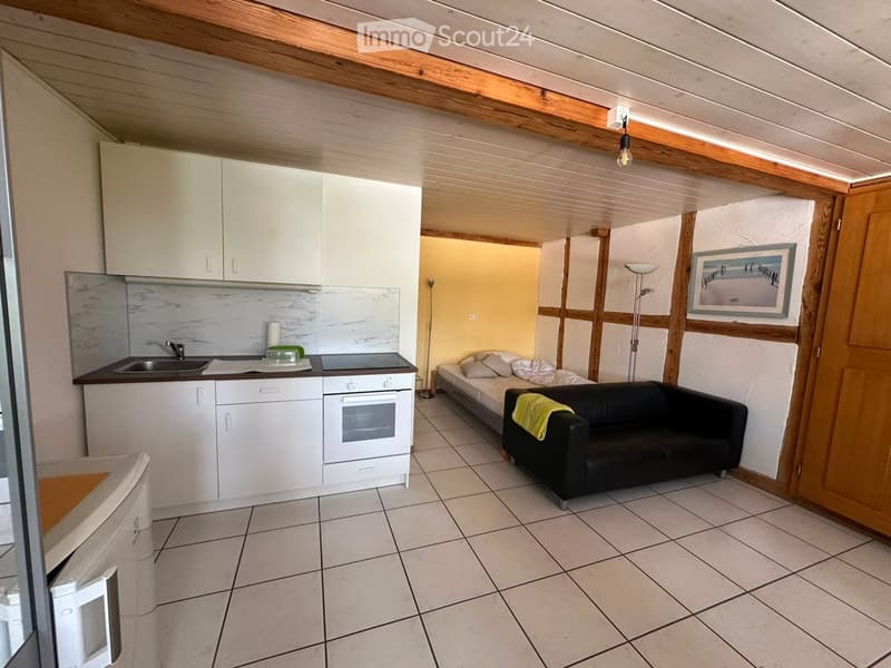 A compact, well-furnished room with a kitchen area featuring white cabinets, a sink, and an oven, a small bed, a black sofa with a green towel, and a floor lamp near the bed.
