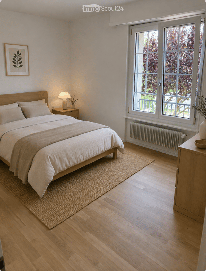 Cozy bedroom with a wooden bed, nightstand, lamp, and a framed picture on the wall. The room features large windows with a view of trees outside and a woven rug on the floor.