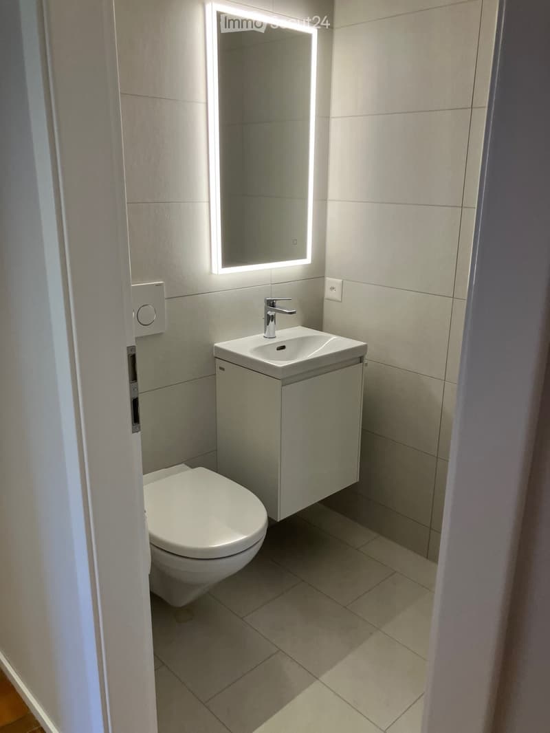 Modern bathroom with a toilet, sink, and illuminated mirror. The sink has a sleek, contemporary design with a modern faucet and a built-in cabinet below.