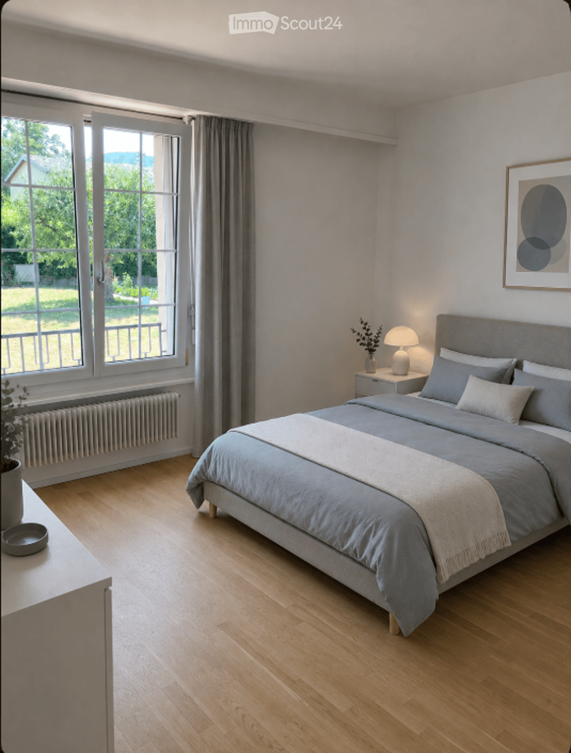 Modern bedroom with a large bed, nightstand, lamp, and large windows offering a view of greenery outside. The room features light-colored bedding, a grey headboard, and a wooden floor.
