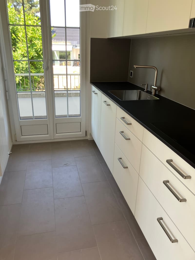 Modern kitchen with white cabinets, black countertops, and a stainless steel sink. The space features a large window with a view of greenery and a balcony.