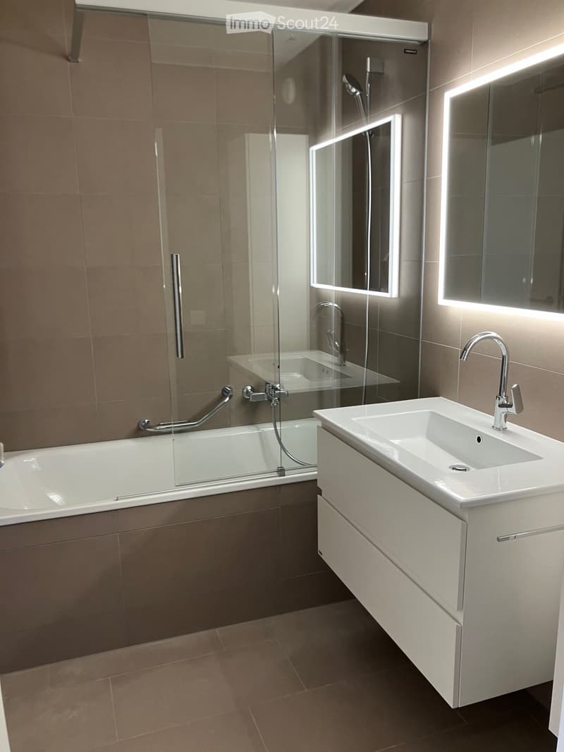 Modern bathroom with a bathtub, sink, and mirrored cabinet. Features a glass shower enclosure and sleek fixtures.