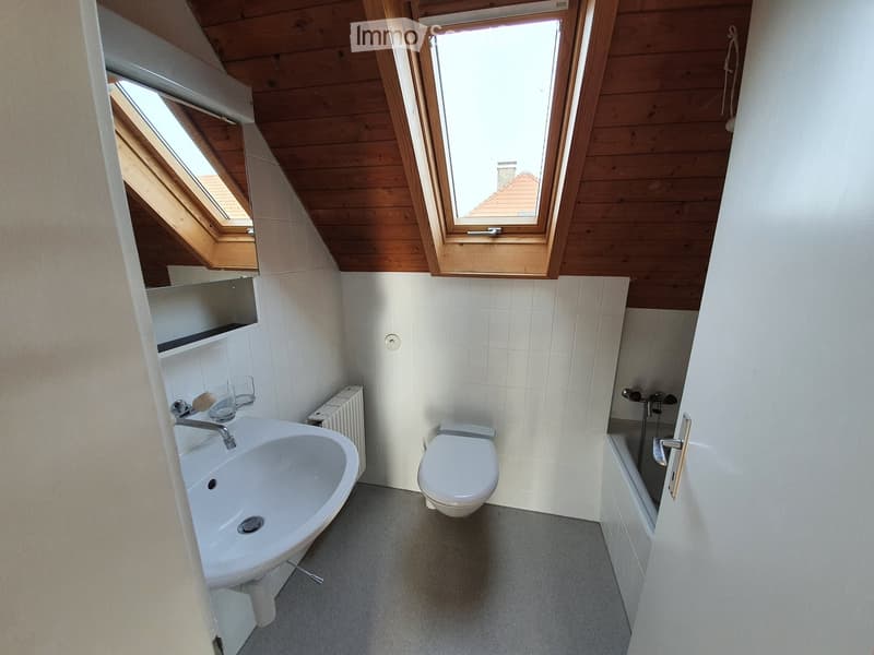 Bathroom with a sink, toilet, bathtub, and a radiator. The room has white tiled walls and a wooden slanted ceiling with skylights.