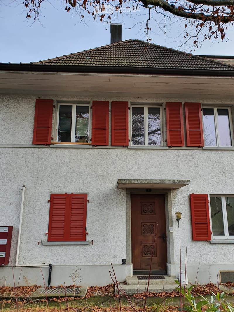 Two-story house with white textured walls, red shutters, and a central wooden door with decorative carvings.