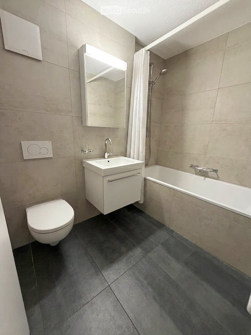 Modern bathroom with dark grey tiles, white fixtures including a toilet, sink, bathtub, and mirror with built-in lighting.