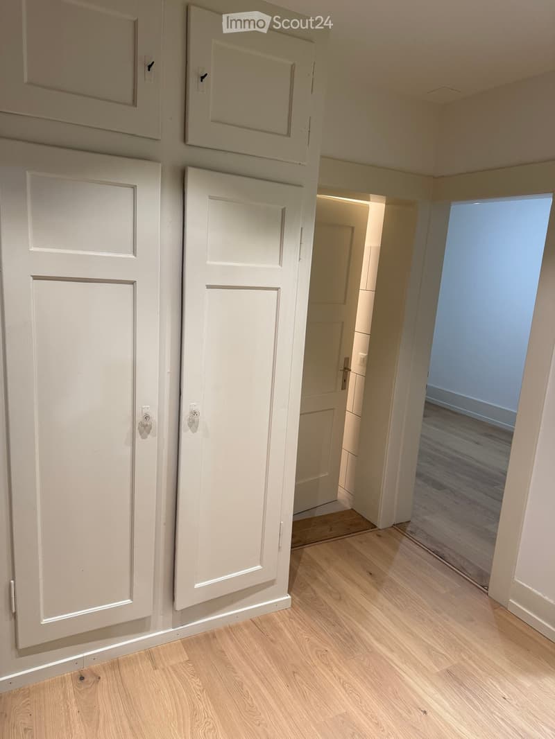Empty hallway with light wooden flooring and white walls, featuring several closed doors and a visible room at the end.