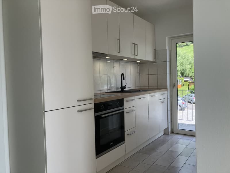 Modern kitchen with white cabinets, stainless steel appliances, and a large window overlooking a green area.
