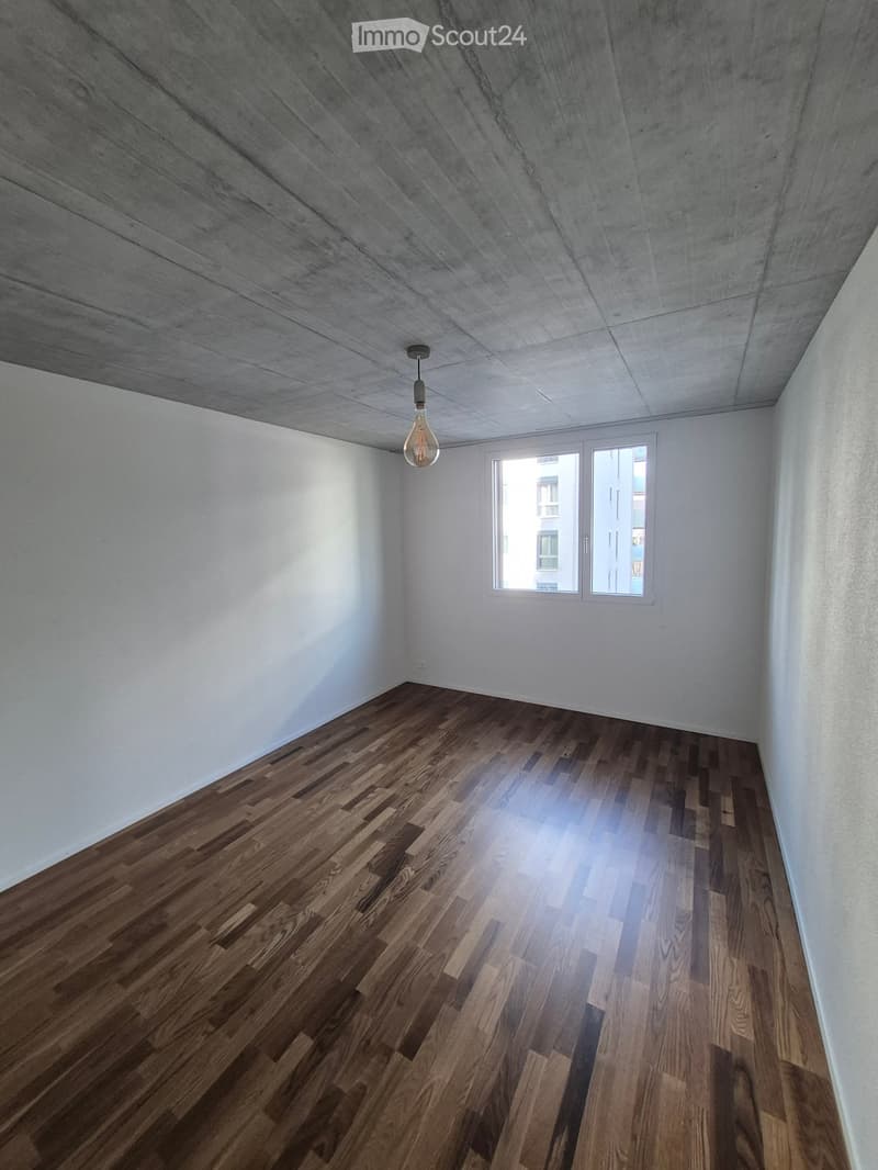 Empty room with wooden flooring, white walls, and a single window with double glass panels. A single light fixture hangs from the ceiling.