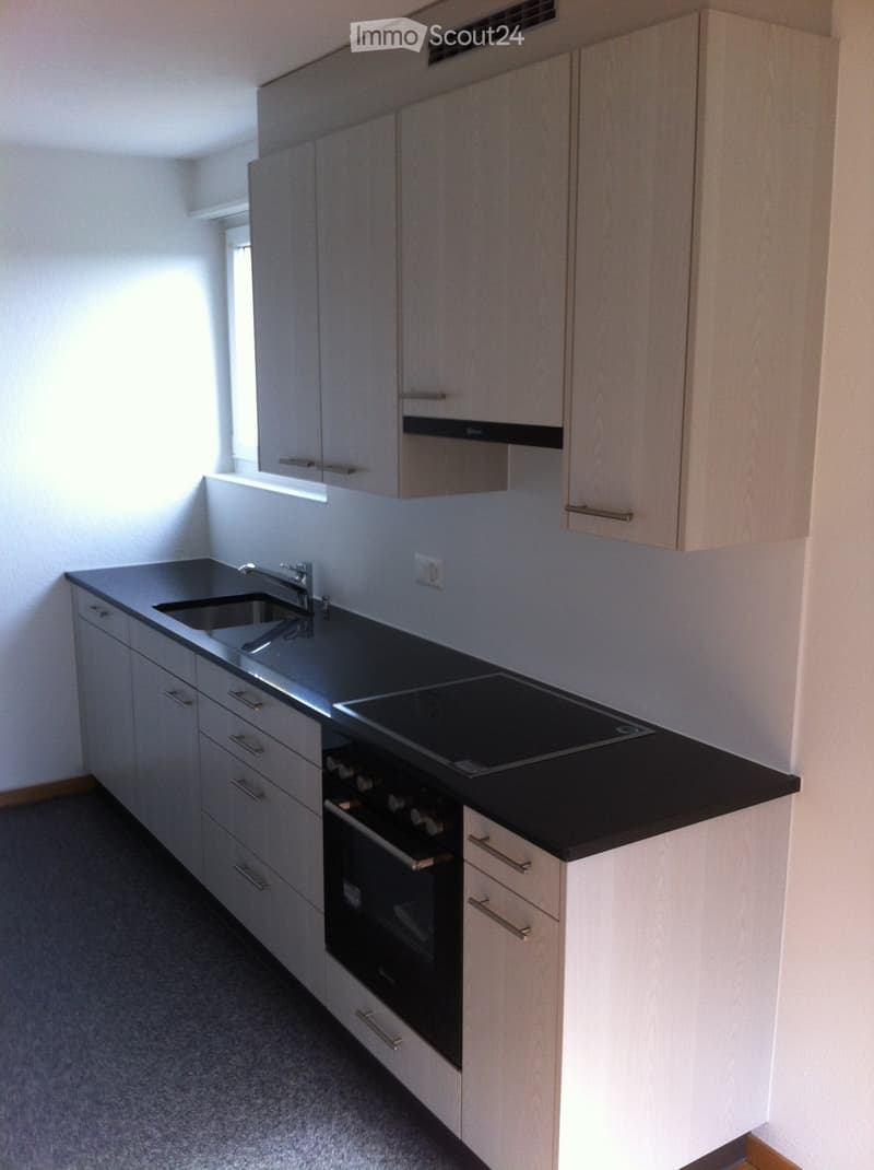 Modern kitchen with light wood cabinets, black countertops, a sink, a stove, and an oven.