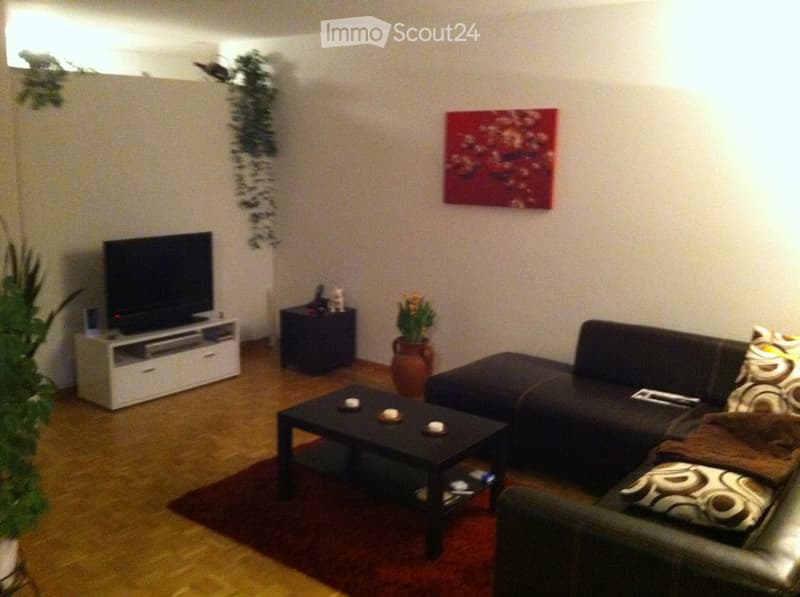 Modern living room with a dark sectional sofa, black coffee table, flat-screen TV on a white stand, side table with decorative items, and a vase with flowers. The room features wooden flooring and a red area rug.