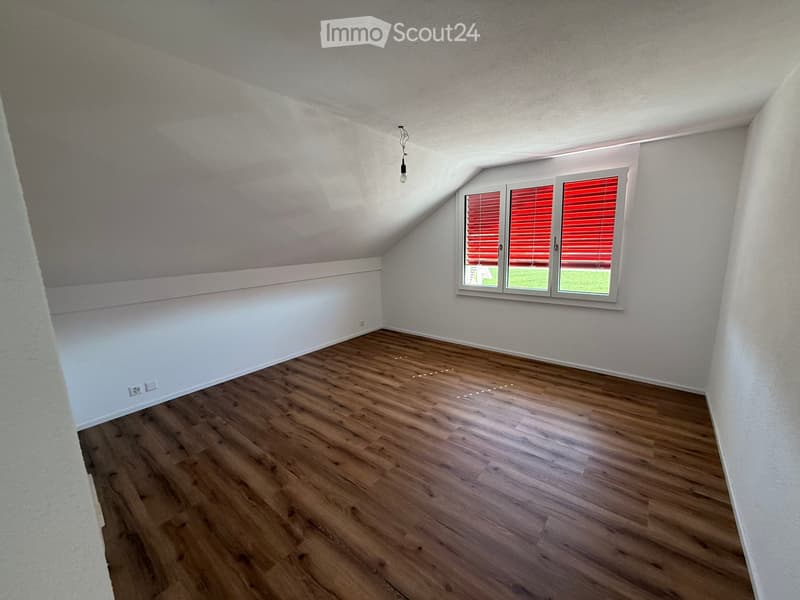 Empty attic room with wooden flooring, white walls, and a skylight window with red blinds.
