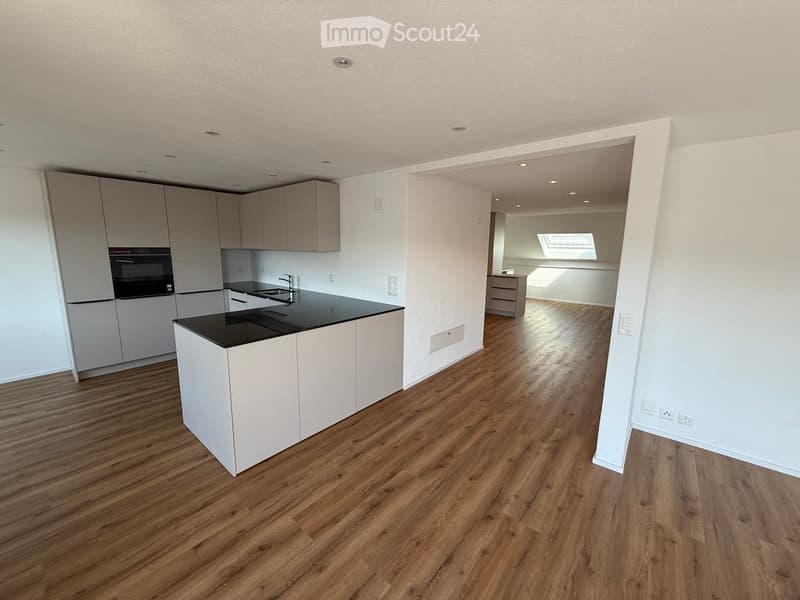 Modern kitchen with light grey cabinets, black countertop, and wooden flooring. Features a central island with a sink and faucet, and an adjacent living space with wooden flooring and a skylight.