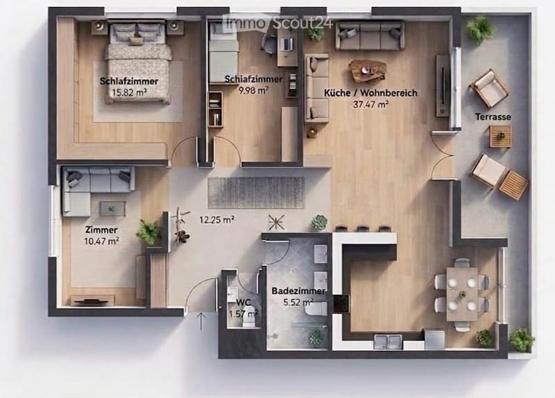 Floor plan of a modern apartment with a bedroom, living area, kitchen, bathroom, and a terrace.