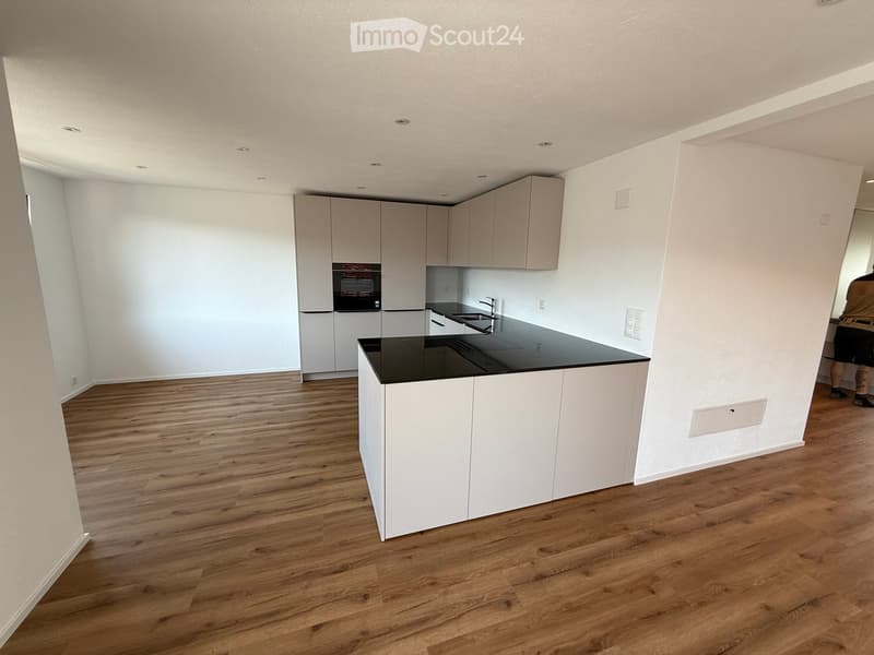 Modern kitchen with white cabinets, black countertop, wooden flooring, and built-in oven.