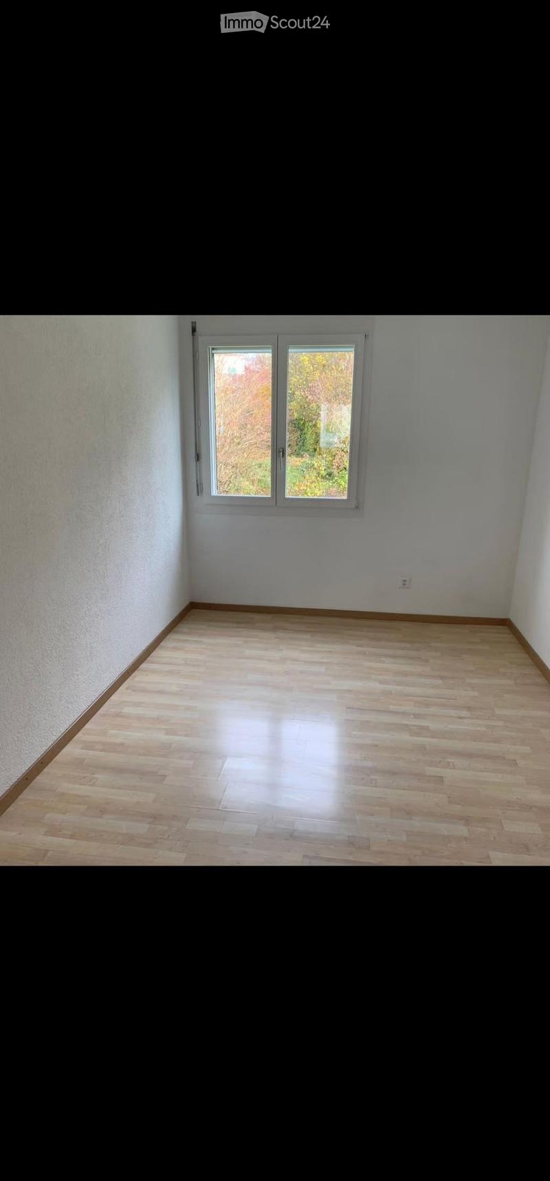 Empty room with light wooden flooring and white walls, featuring a double window with a view of greenery outside.
