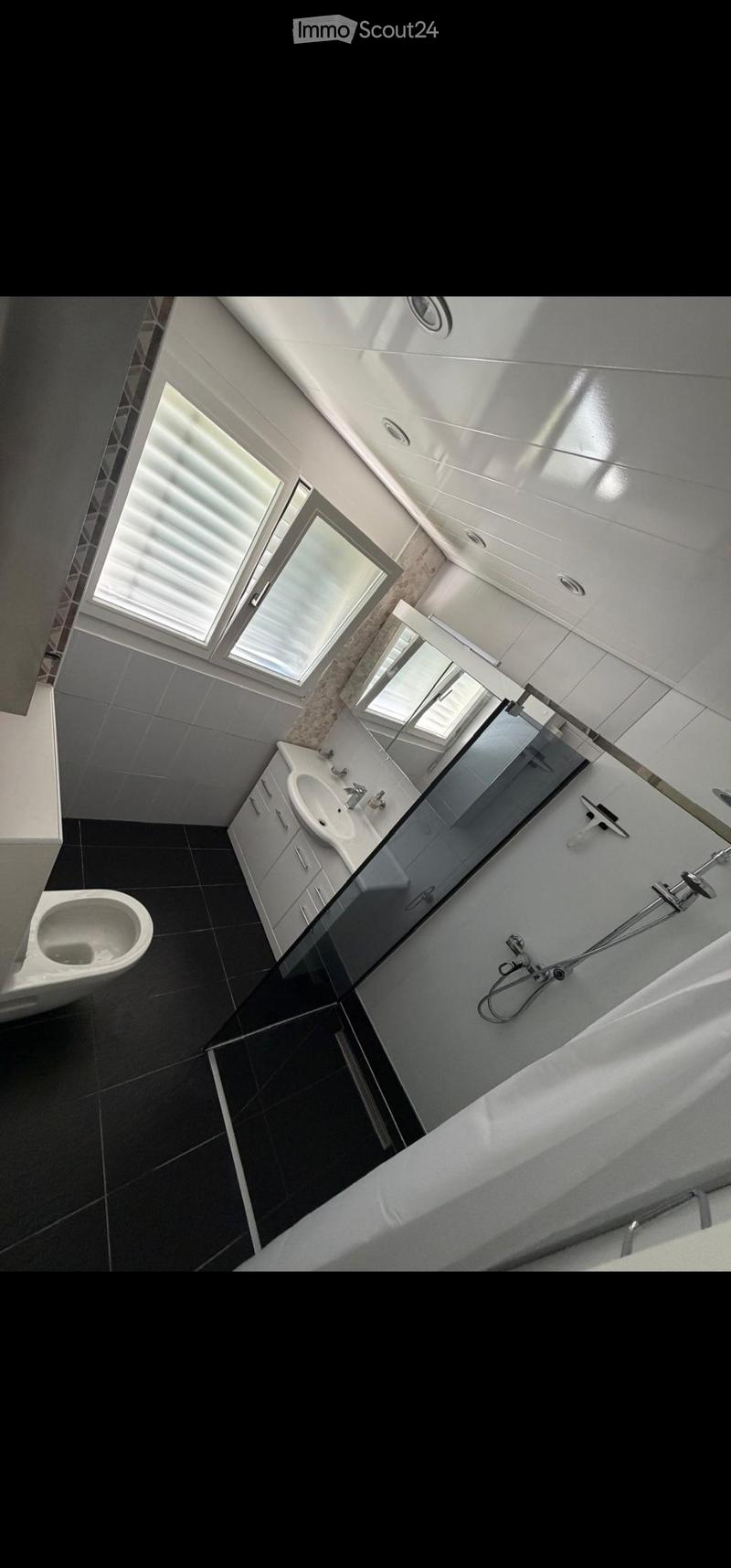 Modern bathroom with black tiled floor, white cabinetry, sink, toilet, bathtub, and shower area with glass enclosure. Skylight windows provide natural light.