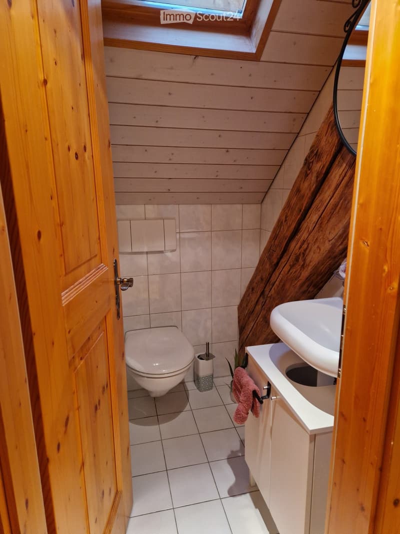 Cozy attic bathroom with wooden walls and slanted ceiling, featuring a toilet, sink, and small cabinet.