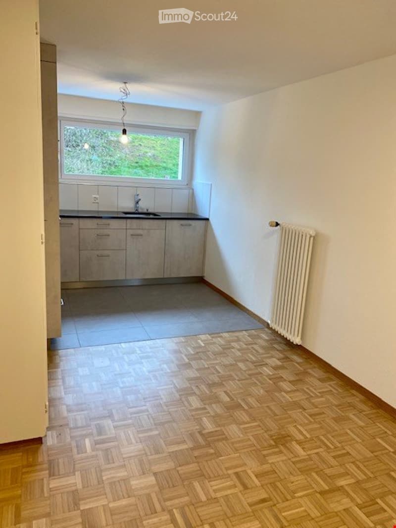 Empty kitchen with wooden herringbone flooring, grey cabinets, sink, and radiator. No furniture or appliances present.