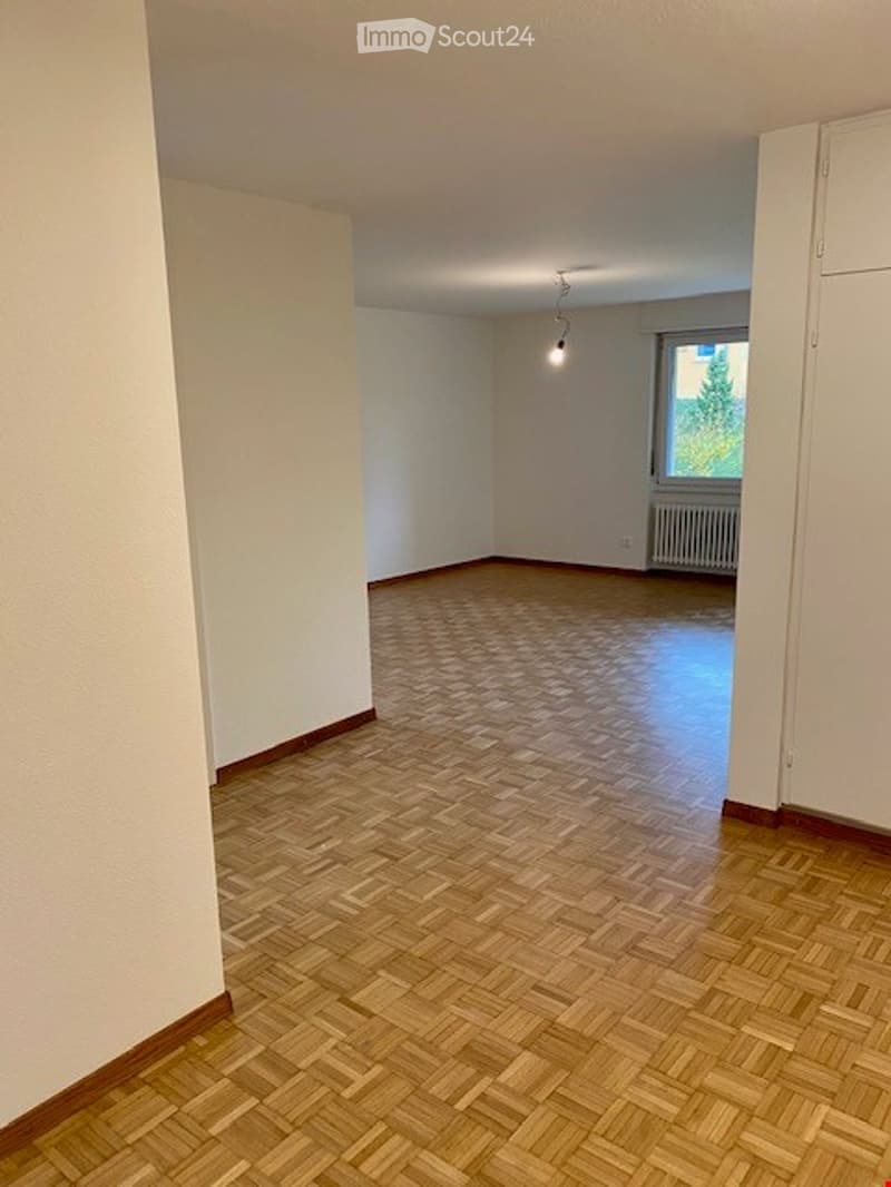 Empty room with wooden herringbone flooring, white walls, and a single window with a radiator below it. No furniture or equipment is present.
