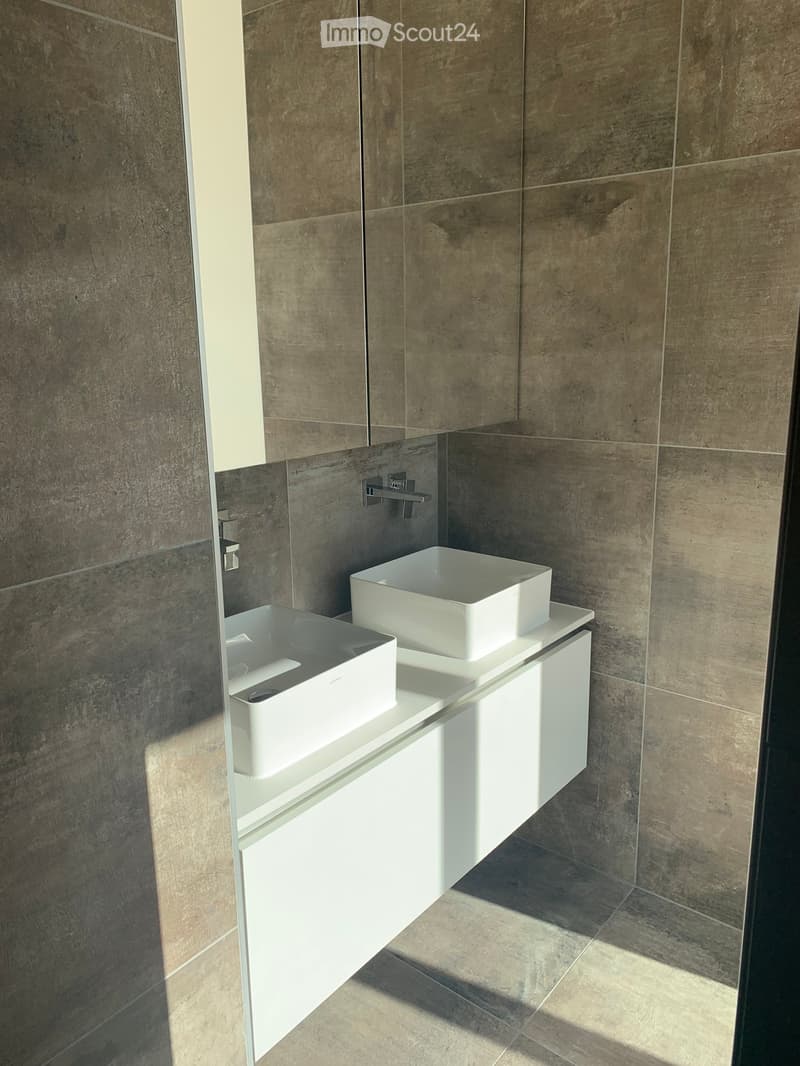 Modern bathroom with two white sinks on a white cabinet, brown tiled walls and floor, and a large mirror.