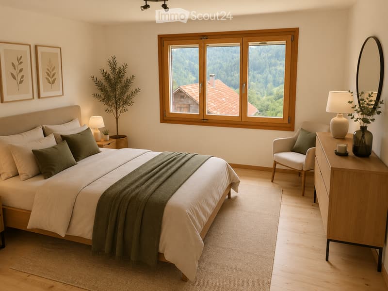 Cozy bedroom with a large bed, nightstand, armchair, mirror, and a scenic view through large windows.