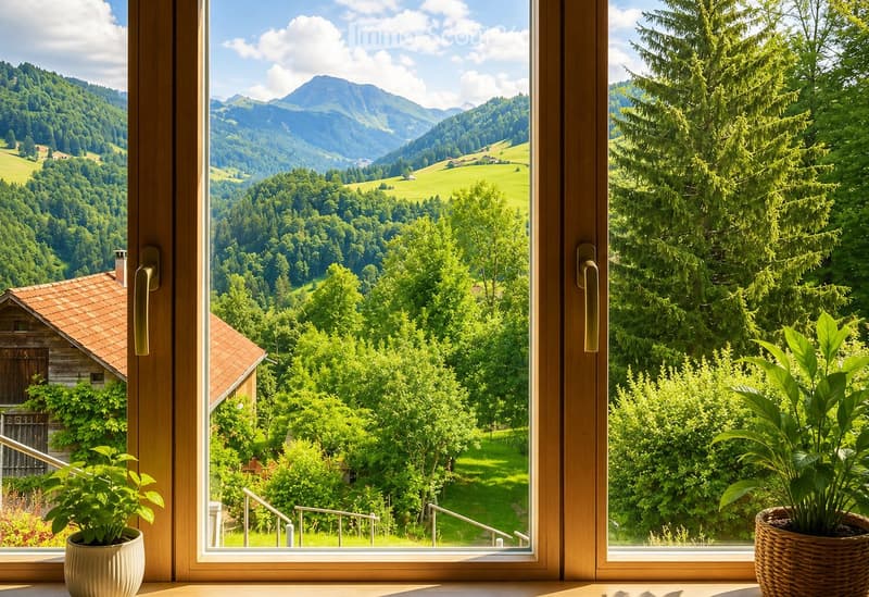 View from a large window showcasing a lush green valley, mountains, and a small wooden house. Potted plants are placed on the windowsill.